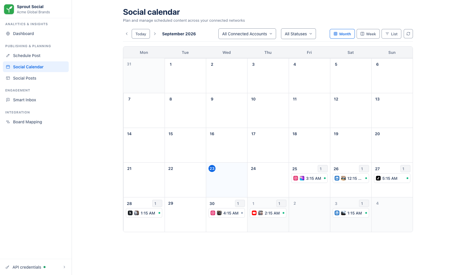 Social Calendar month view with scheduled posts for each network
