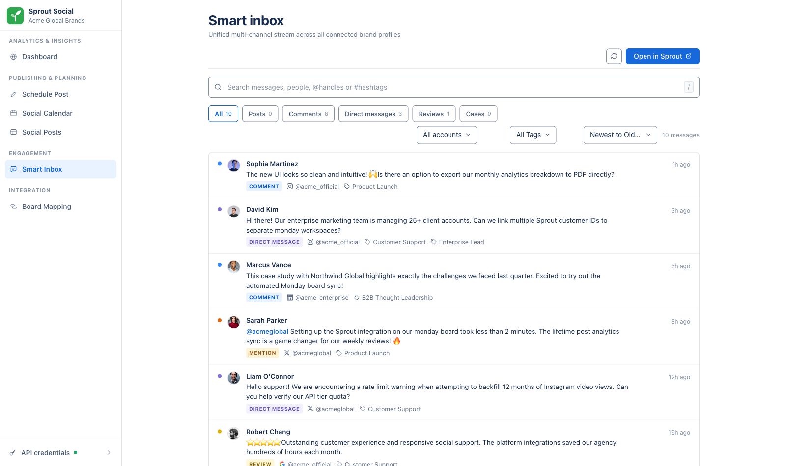 Smart Inbox with comments, direct messages, mentions and reviews from several profiles