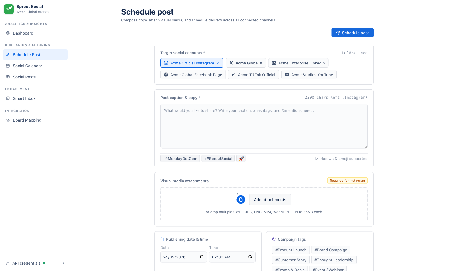 Schedule Post page with target social accounts, caption, media attachments and publishing date and time