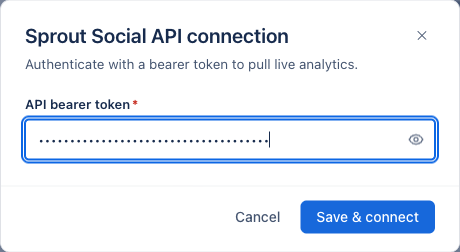 Sprout Social API connection window with the API bearer token field and Save & connect button